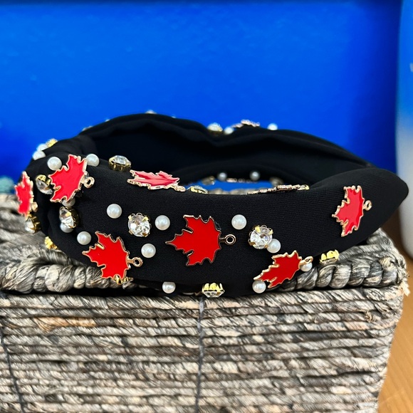 Black Red Enamel Maple Leaf White Pearl Rhinestone Canada Top Knot 1.5" Headband - Picture 4 of 4